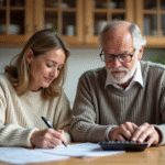 Une femme et un homme âgé discutent de papiers à la maison