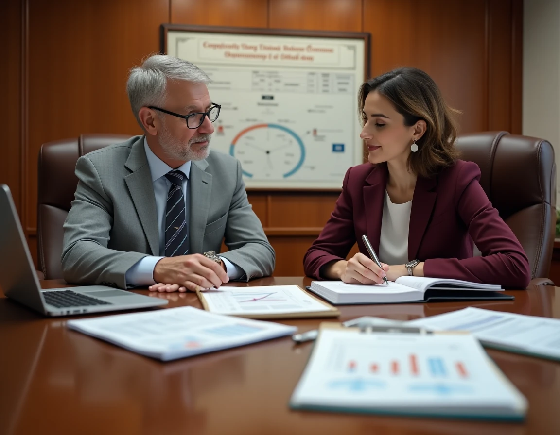 Deux professionnels bancaires analysant ensemble un dossier de credit monitoring arrangement avec des indicateurs financiers clés en salle de réunion