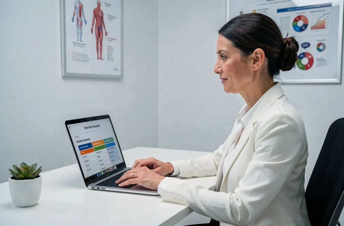 Spécialiste de l'assurance santé et emprunteur chez Santhel à Nice, conseillère féminine analysant des offres de couverture sur son ordinateur
