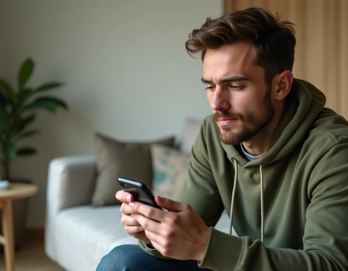 Jeune homme contactant le SAV Boursorama via l'application mobile sur smartphone depuis son salon