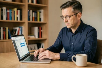 Homme consultant les paramètres de sécurité de son compte bancaire en ligne sur un ordinateur portable dans un bureau à domicile