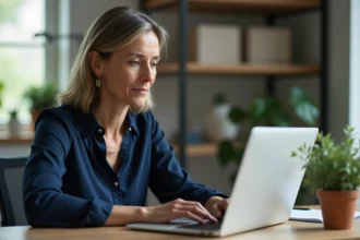Femme utilisant son ordinateur portable pour sécuriser son compte bancaire en ligne à domicile