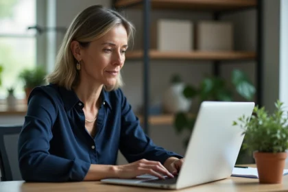 Femme utilisant son ordinateur portable pour sécuriser son compte bancaire en ligne à domicile