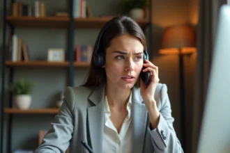 Femme utilisant le service client en ligne Boursorama depuis son bureau à domicile avec casque téléphonique
