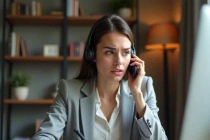 Femme utilisant le service client en ligne Boursorama depuis son bureau à domicile avec casque téléphonique