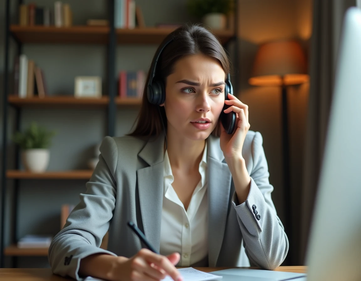 Femme utilisant le service client en ligne Boursorama depuis son bureau à domicile avec casque téléphonique