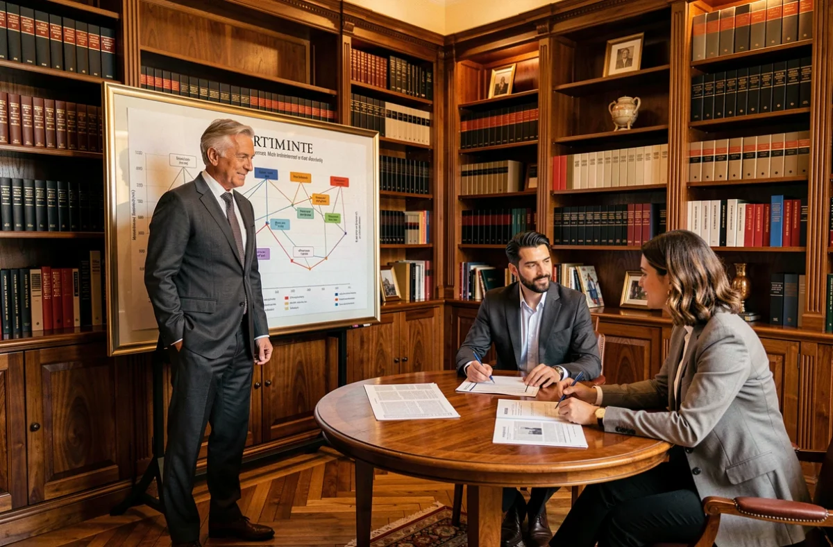 Conseiller en gestion patrimoniale de Signatures Patrimoine à Nice discutant d'une stratégie d'assurance emprunteur avec un couple