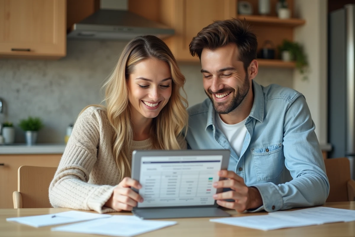 Couple consultant un simulateur d'impôt sur le revenu ensemble à la maison