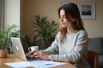 Femme utilisant un simulateur d'impôt sur le revenu sur son ordinateur portable à domicile