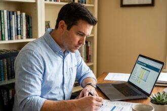 Homme consultant une simulation de prêt immobilier sur des documents papier et un ordinateur portable dans un bureau à domicile