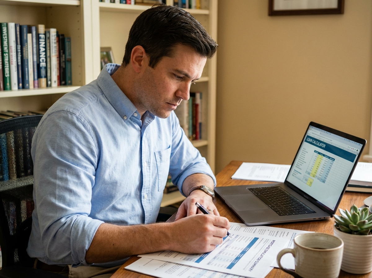 Homme consultant une simulation de prêt immobilier sur des documents papier et un ordinateur portable dans un bureau à domicile