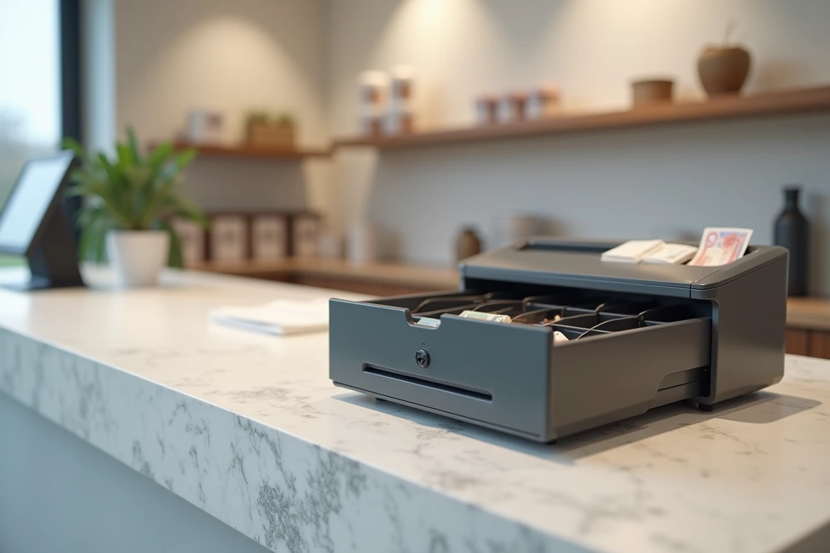 Tiroir caisse en plastique ouvert sur un comptoir de commerce avec compartiments pour monnaie et billets
