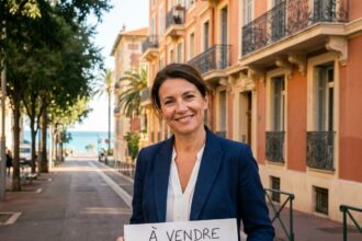 Femme vendant son appartement à Nice avec panneau À Vendre devant une façade méditerranéenne ensoleillée