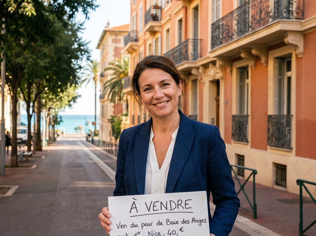 Femme vendant son appartement à Nice avec panneau À Vendre devant une façade méditerranéenne ensoleillée