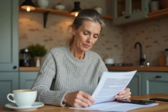 Femme examinant attentivement un relevé bancaire papier pour identifier un prélèvement ADIS suspect