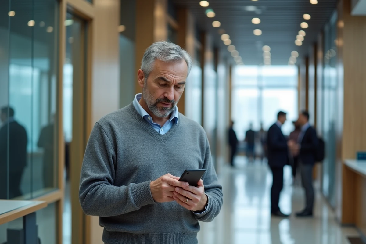 Homme vérifiant la sécurité de son compte bancaire sur smartphone dans une agence La Banque Postale