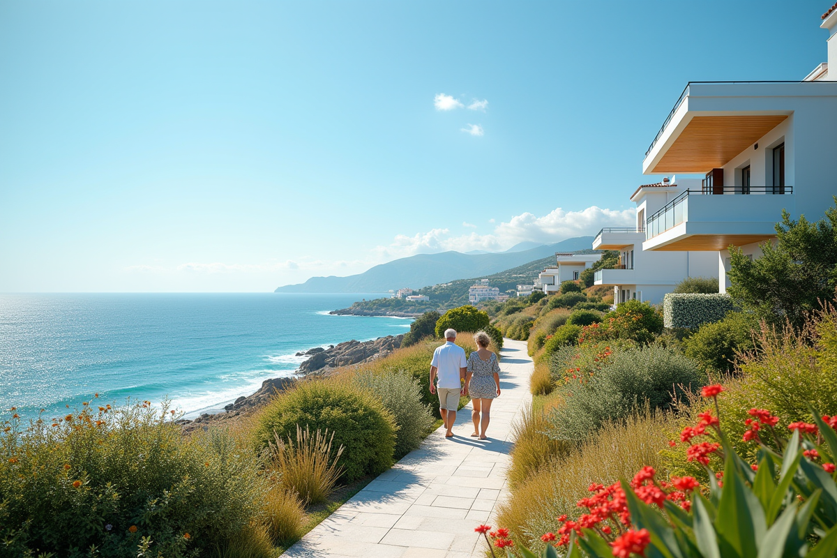 Village côtier paisible avec retraités en promenade