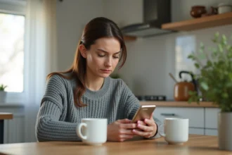 Femme consultant son application bancaire le week-end avec une transaction en attente sur son smartphone