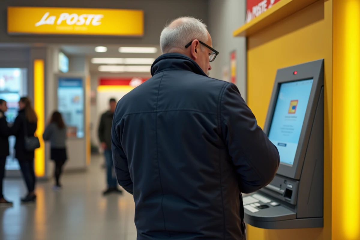 Homme utilisant un terminal La Banque Postale en agence pour effectuer un virement ponctuel ou permanent