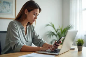 Femme effectuant un virement instantané sur application bancaire La Banque Postale depuis son bureau à domicile