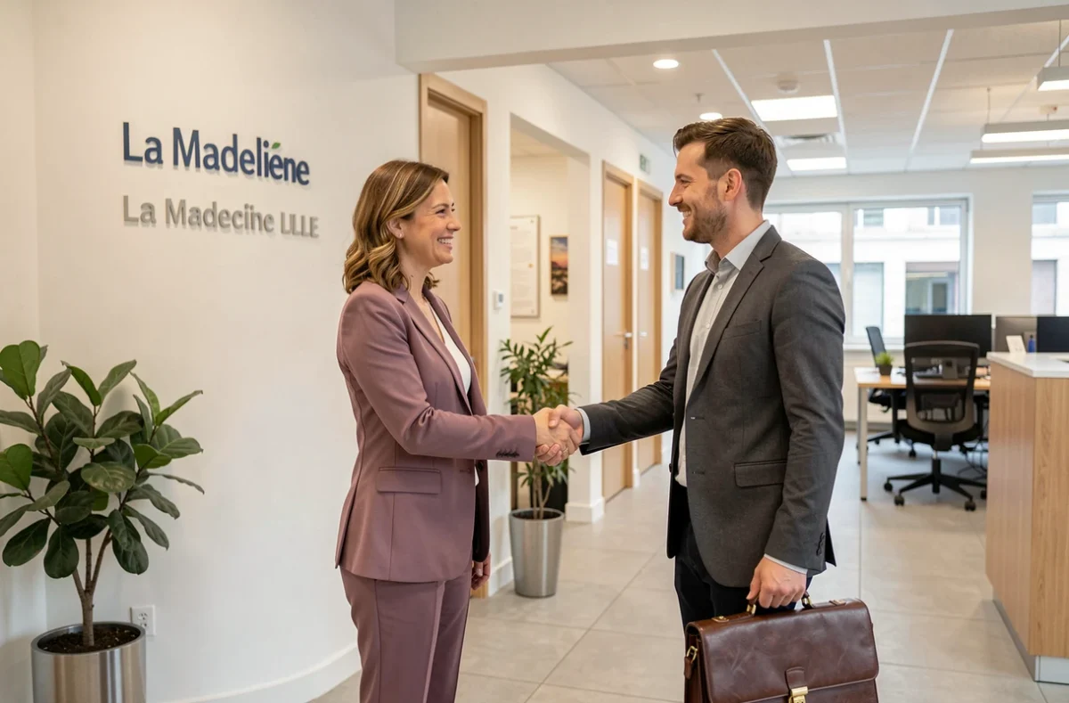 Une conseillère de Vousfinancer La Madeleine accueille un entrepreneur dans son agence de crédit professionnel proche de Lille