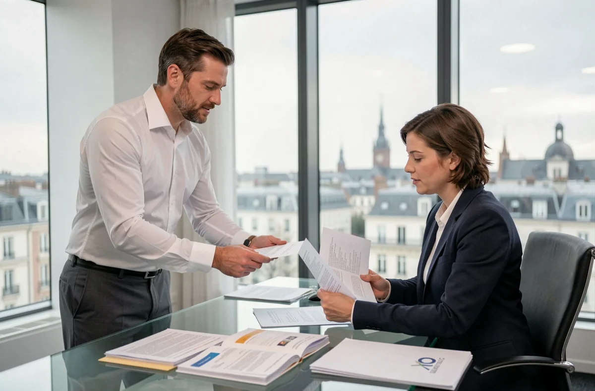 Un courtier de Vousfinancer Lille présente des dossiers de crédit professionnel à une cliente dans une agence moderne du centre de Lille