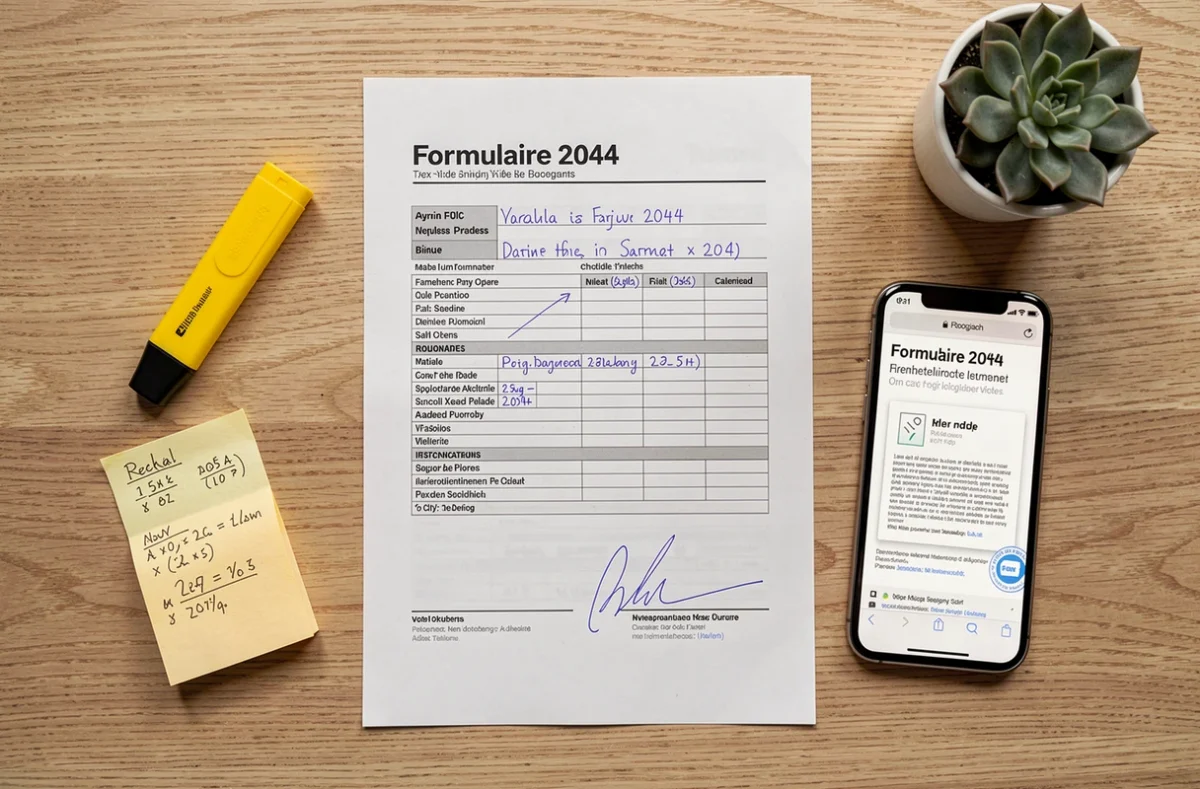 Vue aérienne du formulaire 2044 entouré de notes et d'outils pour déclarer ses premiers revenus fonciers