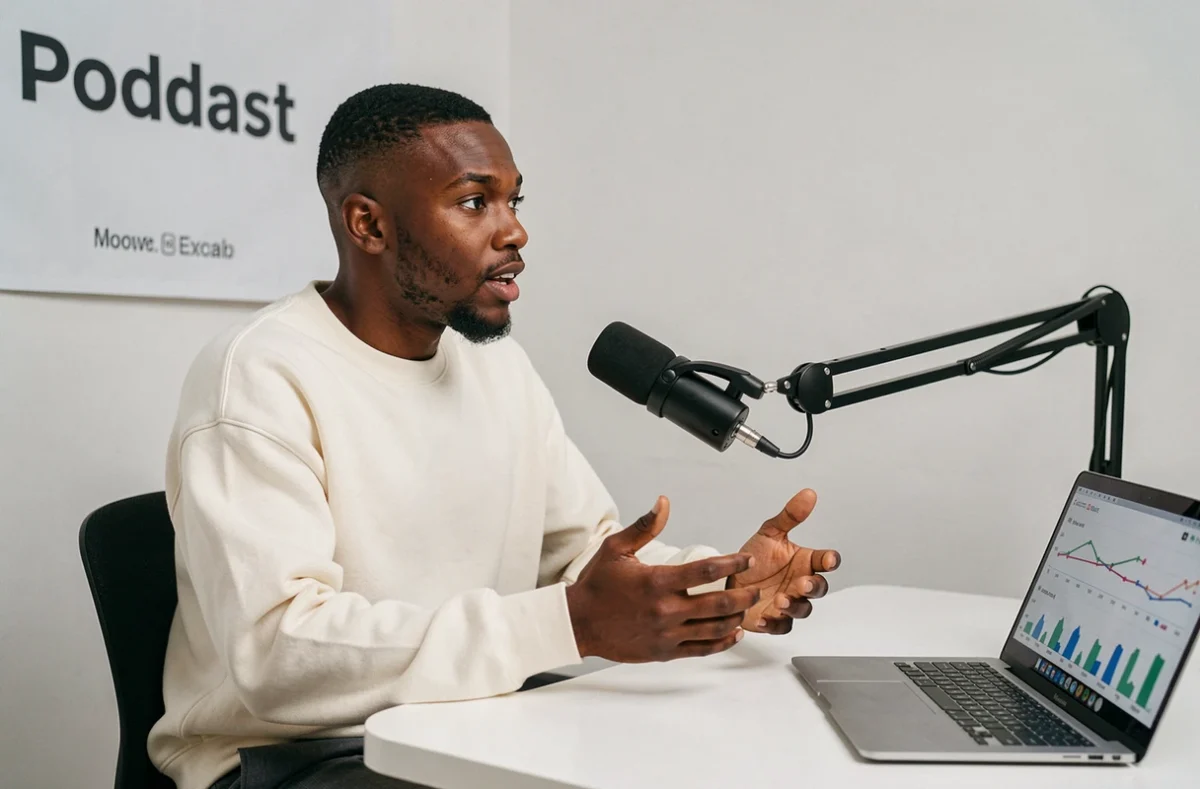 Zeus Milliardaire lors d'un enregistrement de podcast dans un studio épuré, évoquant son statut de personnalité incontournable des médias numériques et des réseaux sociaux