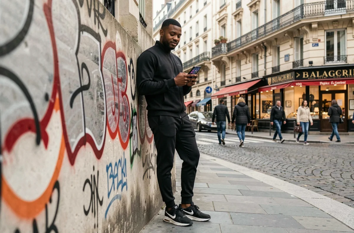 Zeus Milliardaire posant dans une rue parisienne tendance, smartphone en main affichant ses statistiques réseaux sociaux, symbole de son ascension en tant que figure culte du web francophone