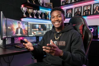 Zeus Milliardaire en session streaming dans son studio gaming personnalisé, entouré d'écrans et de trophées, incarnant l'esthétique des créateurs de contenu influents sur les réseaux sociaux